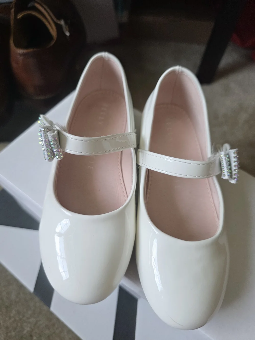 Kelly & Katie White Girls' Mary Jane Flat with Rhinestone Bow Accent